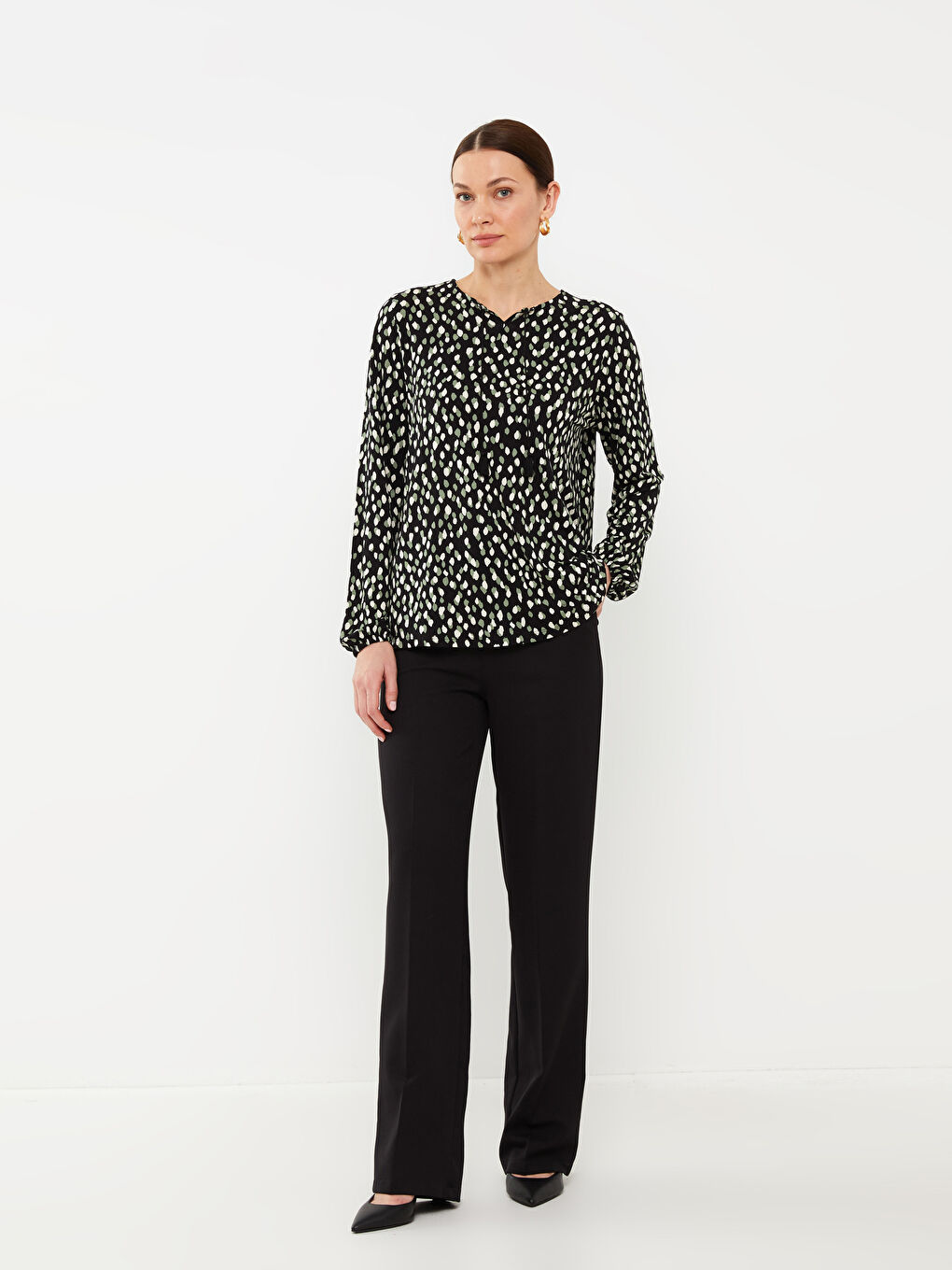 T-shirt à Manches Longues à Col Lavallière Imprimé pour Femmes-1