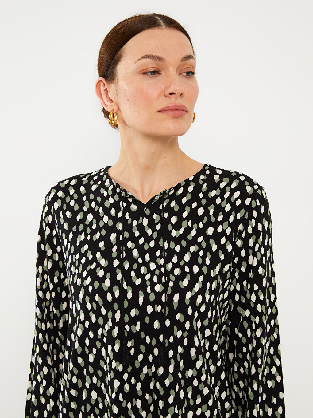 T-shirt à Manches Longues à Col Lavallière Imprimé pour Femmes-2