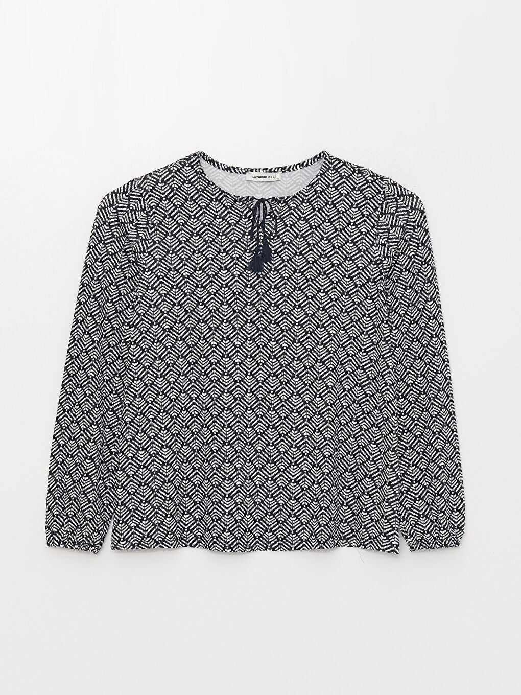 Lacivert Bağlamalı Yaka Desenli Uzun Kollu Kadın Tişört-5