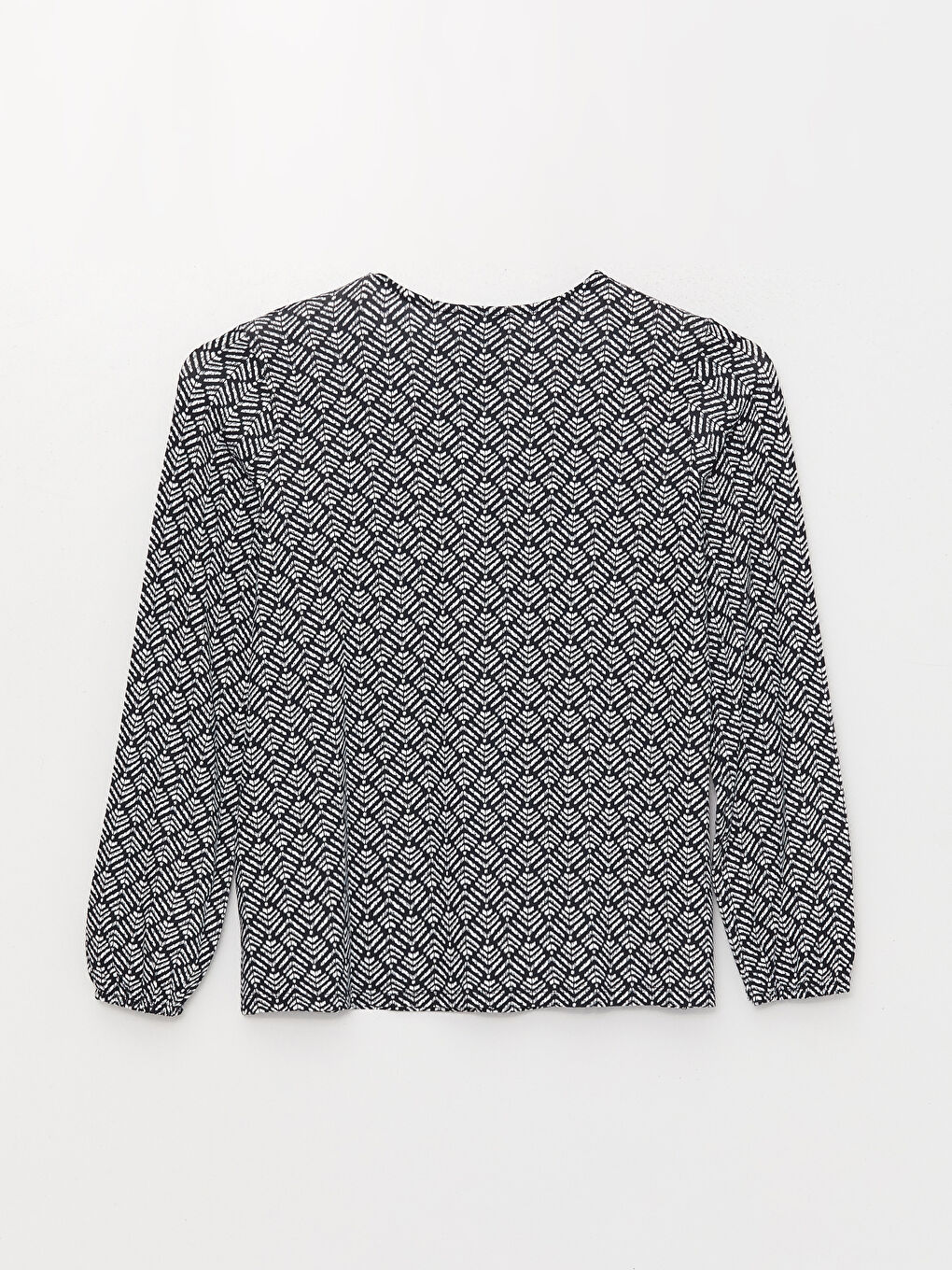 Lacivert Bağlamalı Yaka Desenli Uzun Kollu Kadın Tişört-6