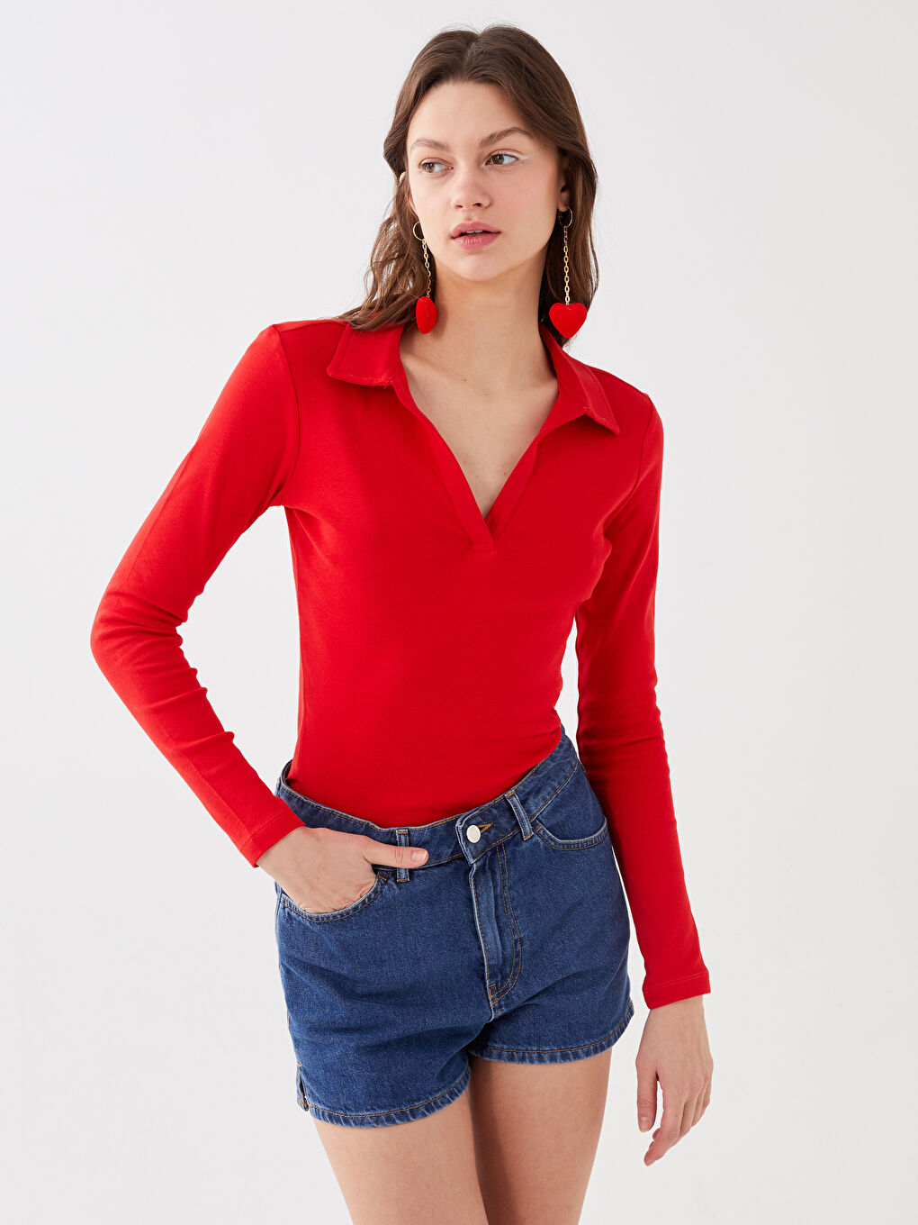 Kırmızı Kadın Polo Yaka Uzun Kollu Tişört