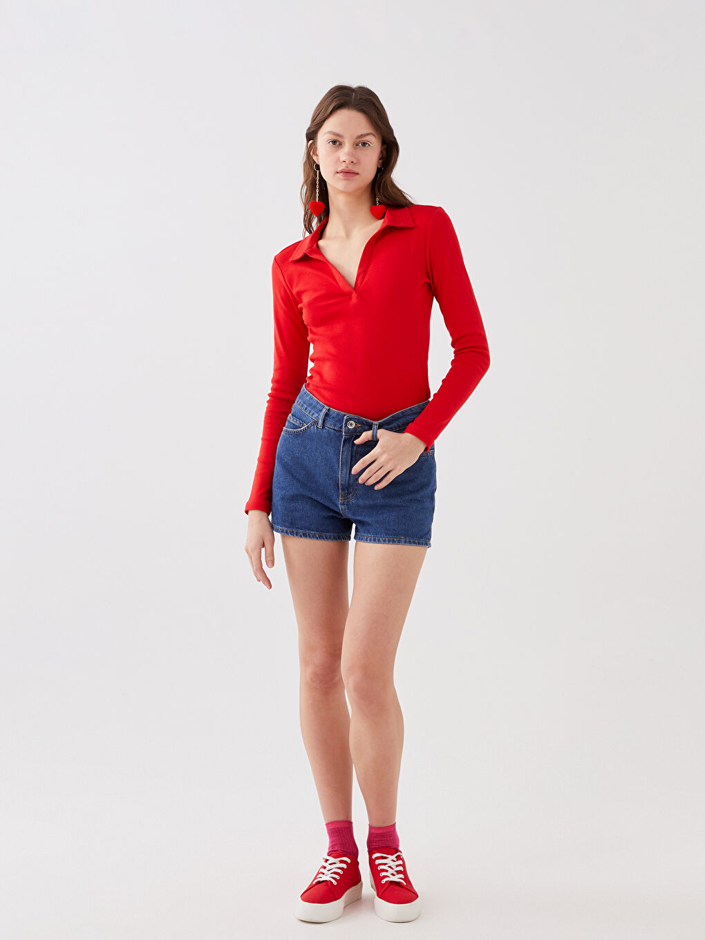 Kırmızı Kadın Polo Yaka Uzun Kollu Tişört-1