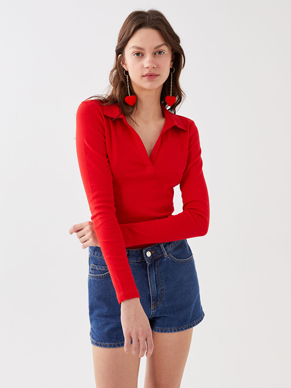 Kırmızı Kadın Polo Yaka Uzun Kollu Tişört-2