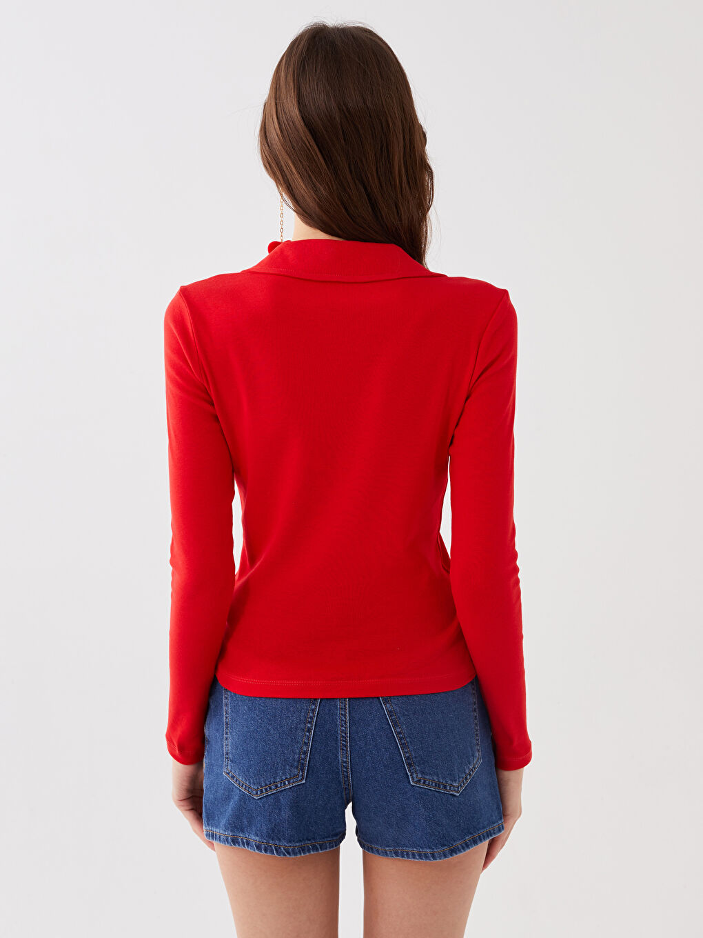Kırmızı Kadın Polo Yaka Uzun Kollu Tişört-4