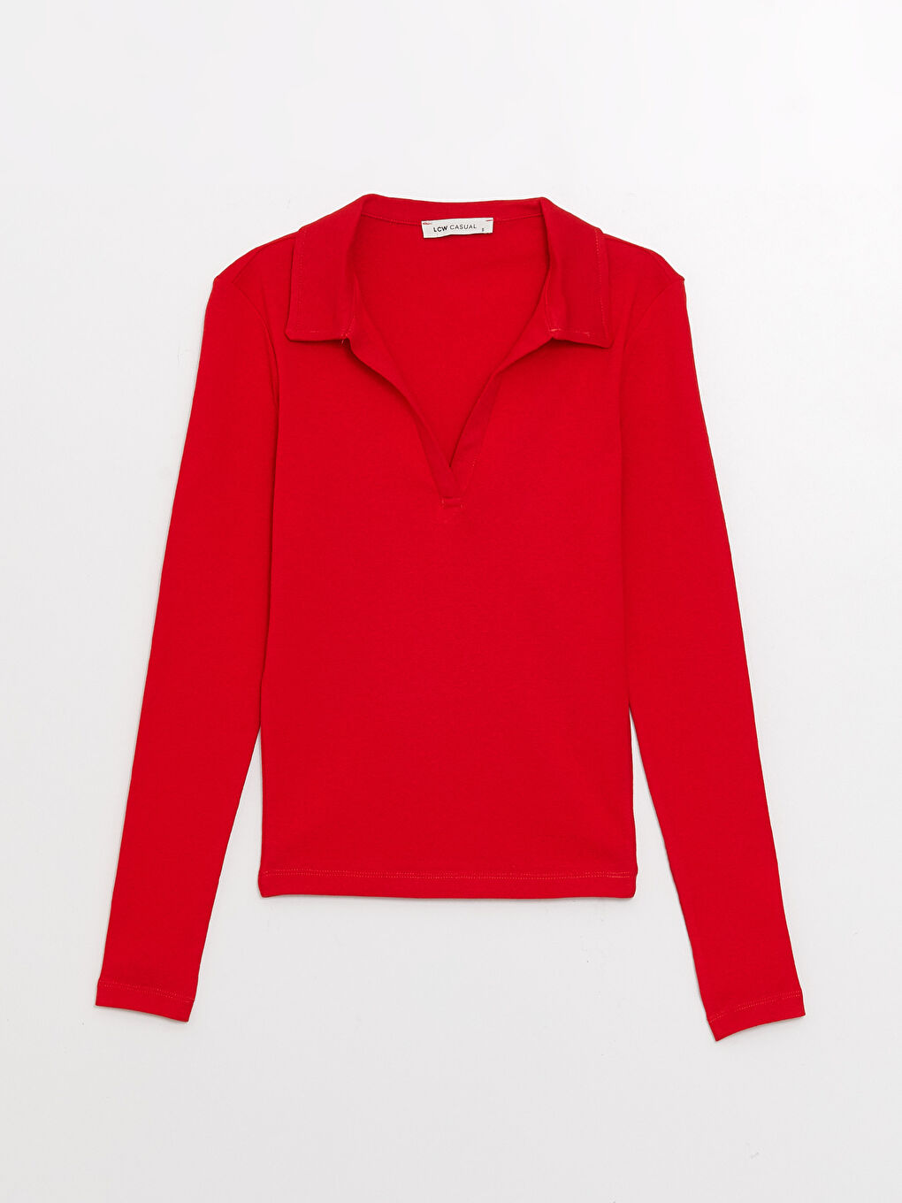 Kırmızı Kadın Polo Yaka Uzun Kollu Tişört-5