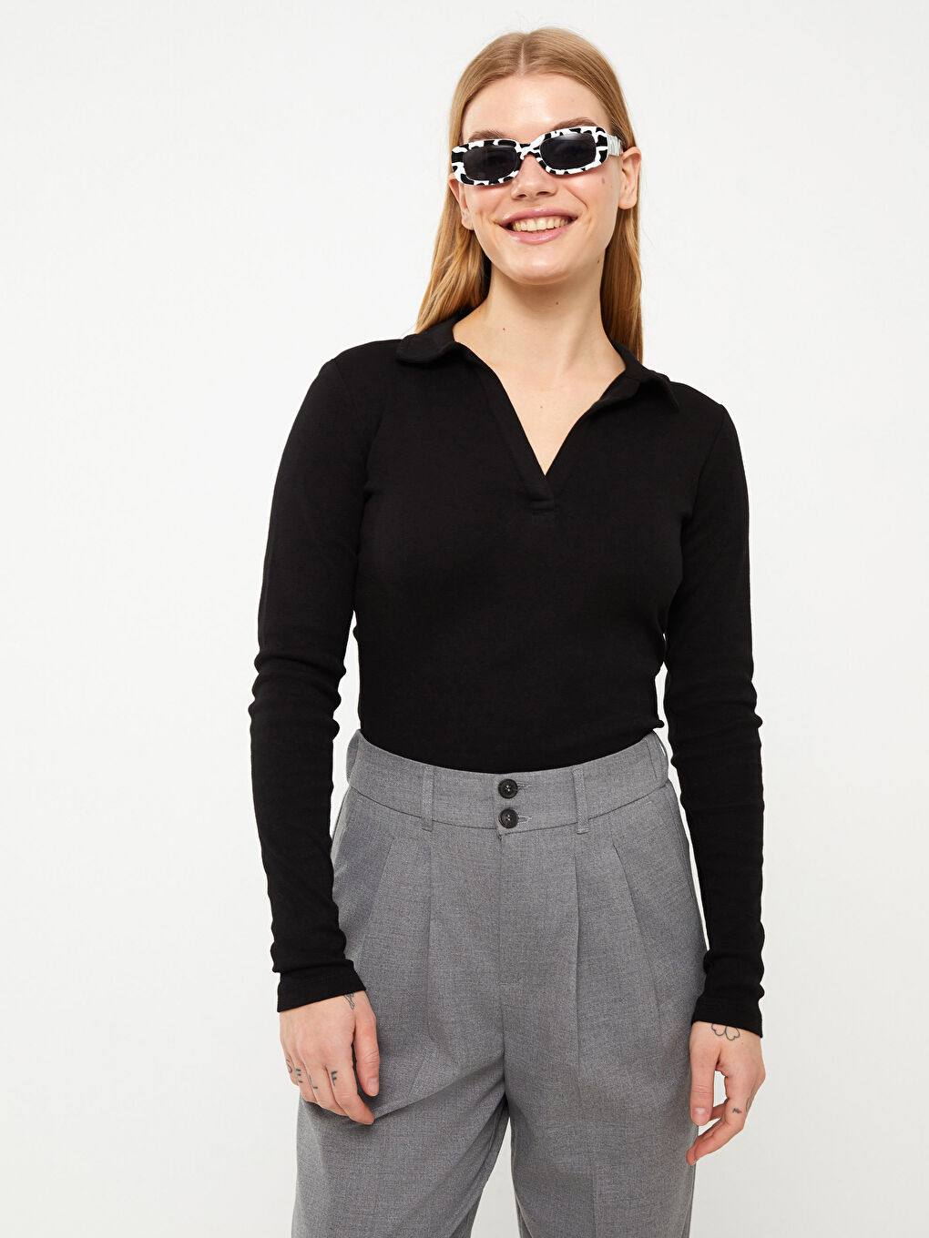 T-Shirt à Manches Longues et Col Polo pour Femmes-1