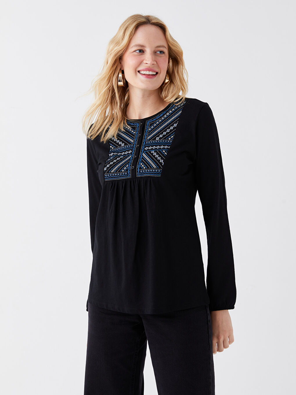 Blouse à Manches Longues Imprimée à Col Rond pour Femmes-1