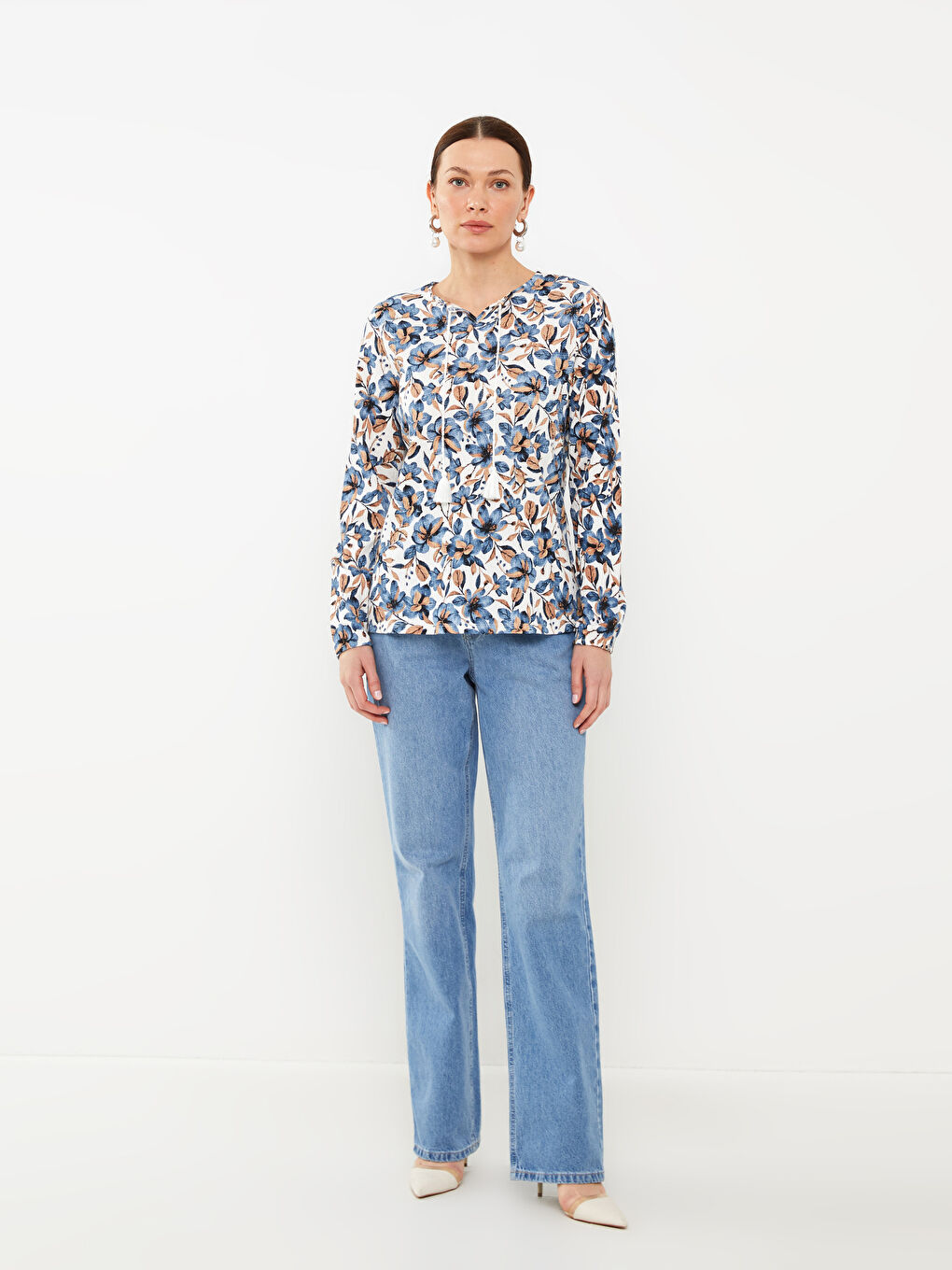 Karışık Bağlamalı Yaka Desenli Uzun Kollu Kadın Bluz-1