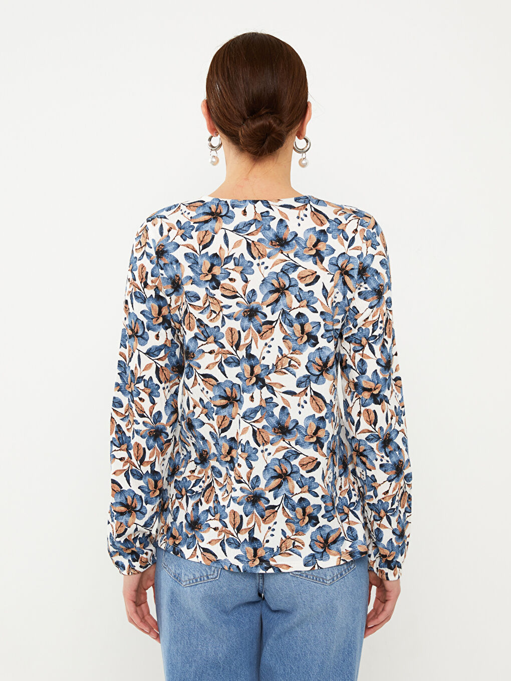 Karışık Bağlamalı Yaka Desenli Uzun Kollu Kadın Bluz-4