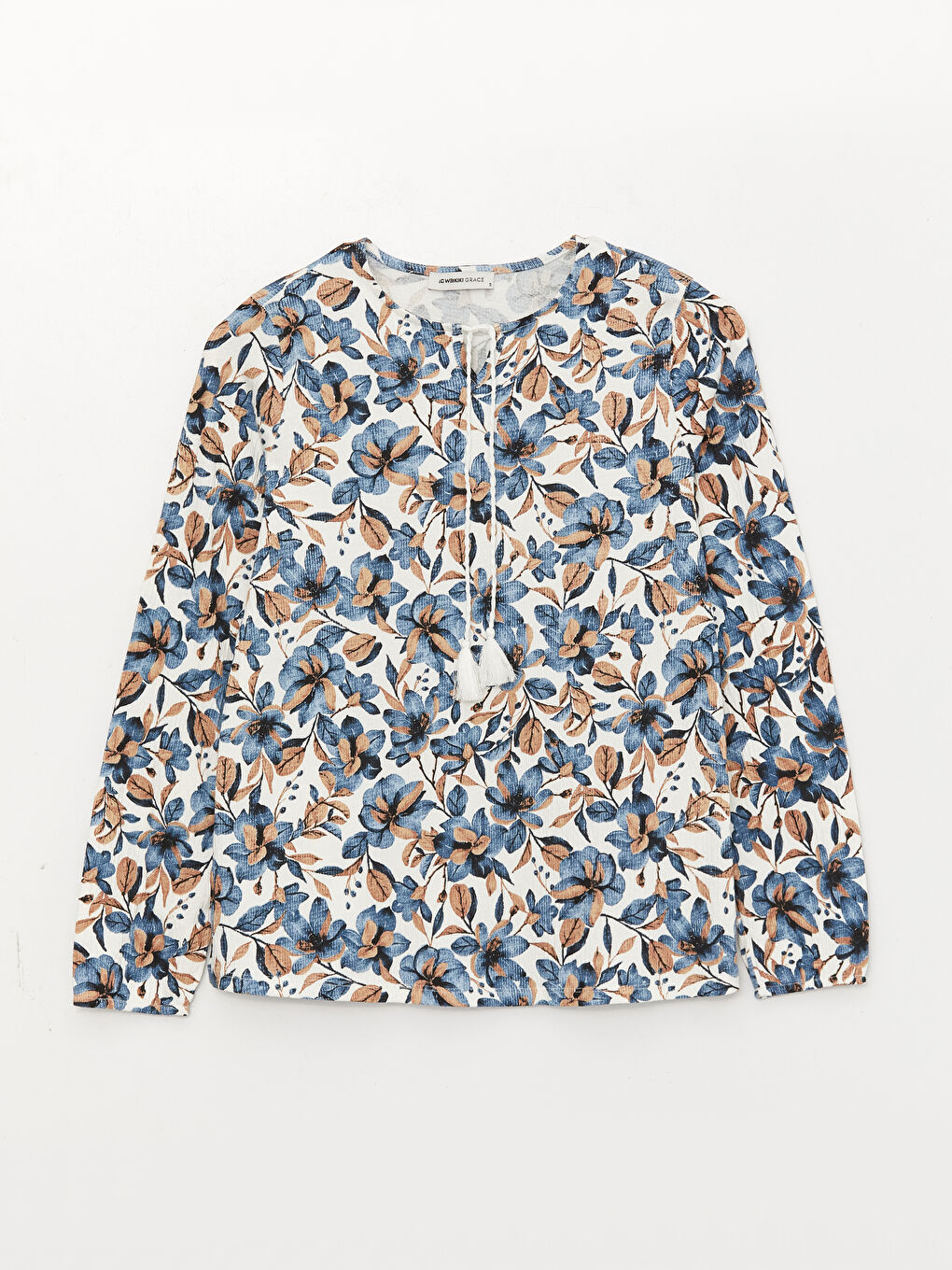 Karışık Bağlamalı Yaka Desenli Uzun Kollu Kadın Bluz-5