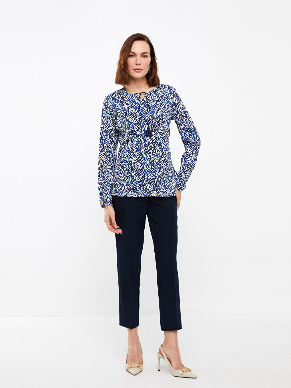 Tie Neck Patterned Long Sleeve Women's Blouse-1