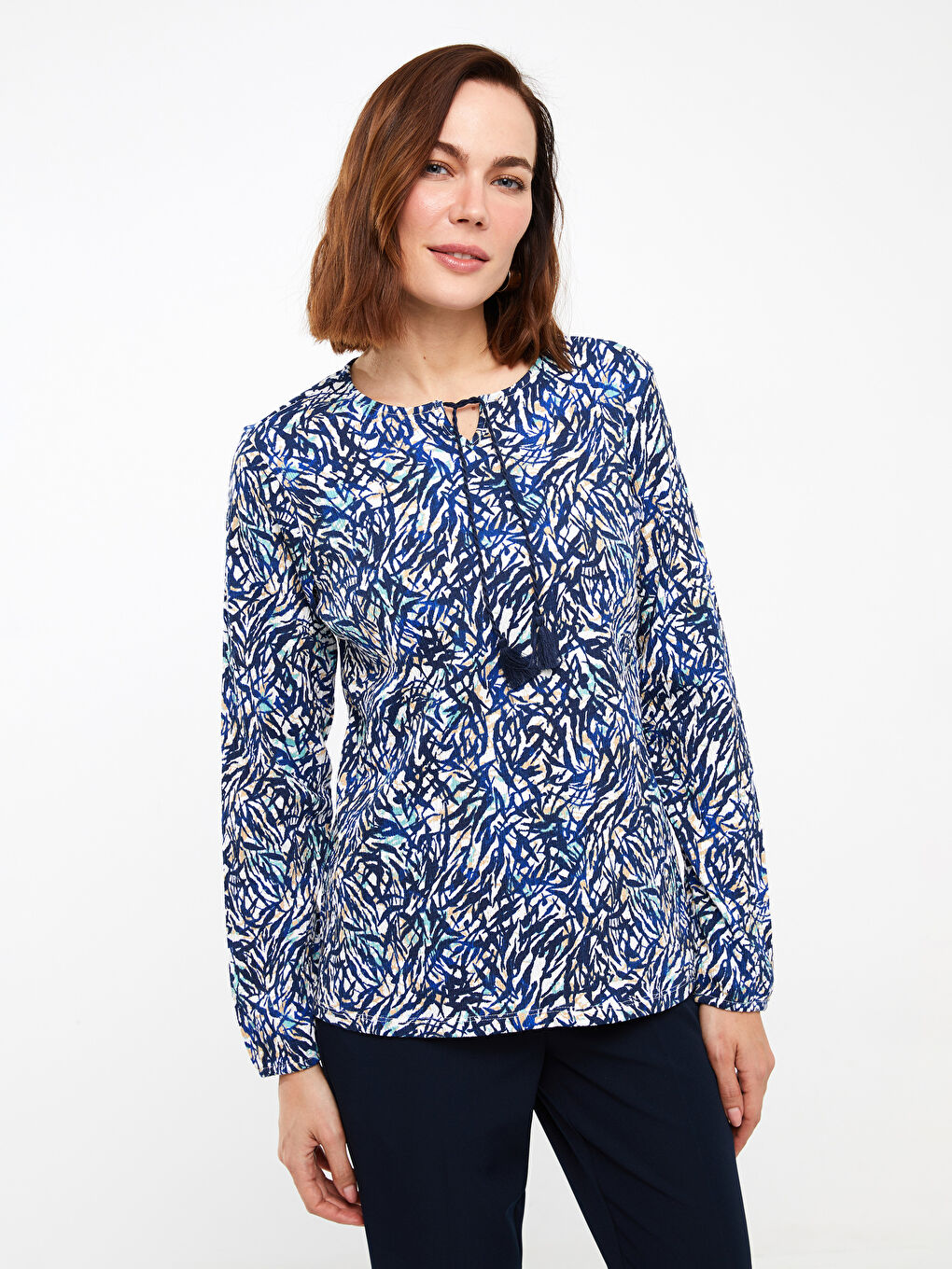 Tie Neck Patterned Long Sleeve Women's Blouse-2