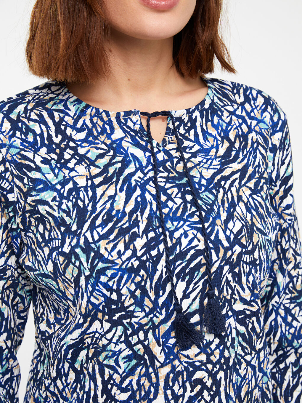 Tie Neck Patterned Long Sleeve Women's Blouse-3