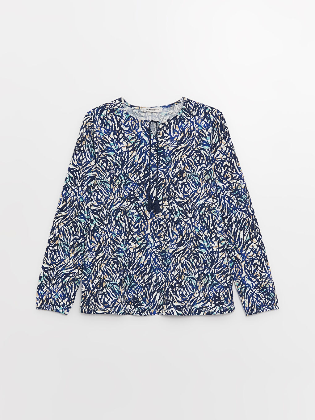 Tie Neck Patterned Long Sleeve Women's Blouse-5