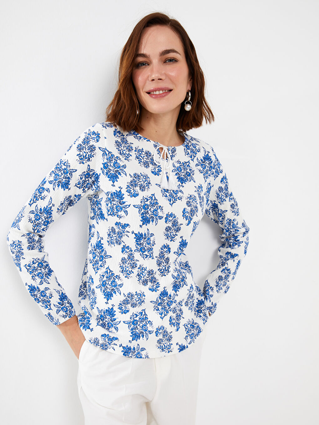 Tie Neck Patterned Long Sleeve Women's Blouse