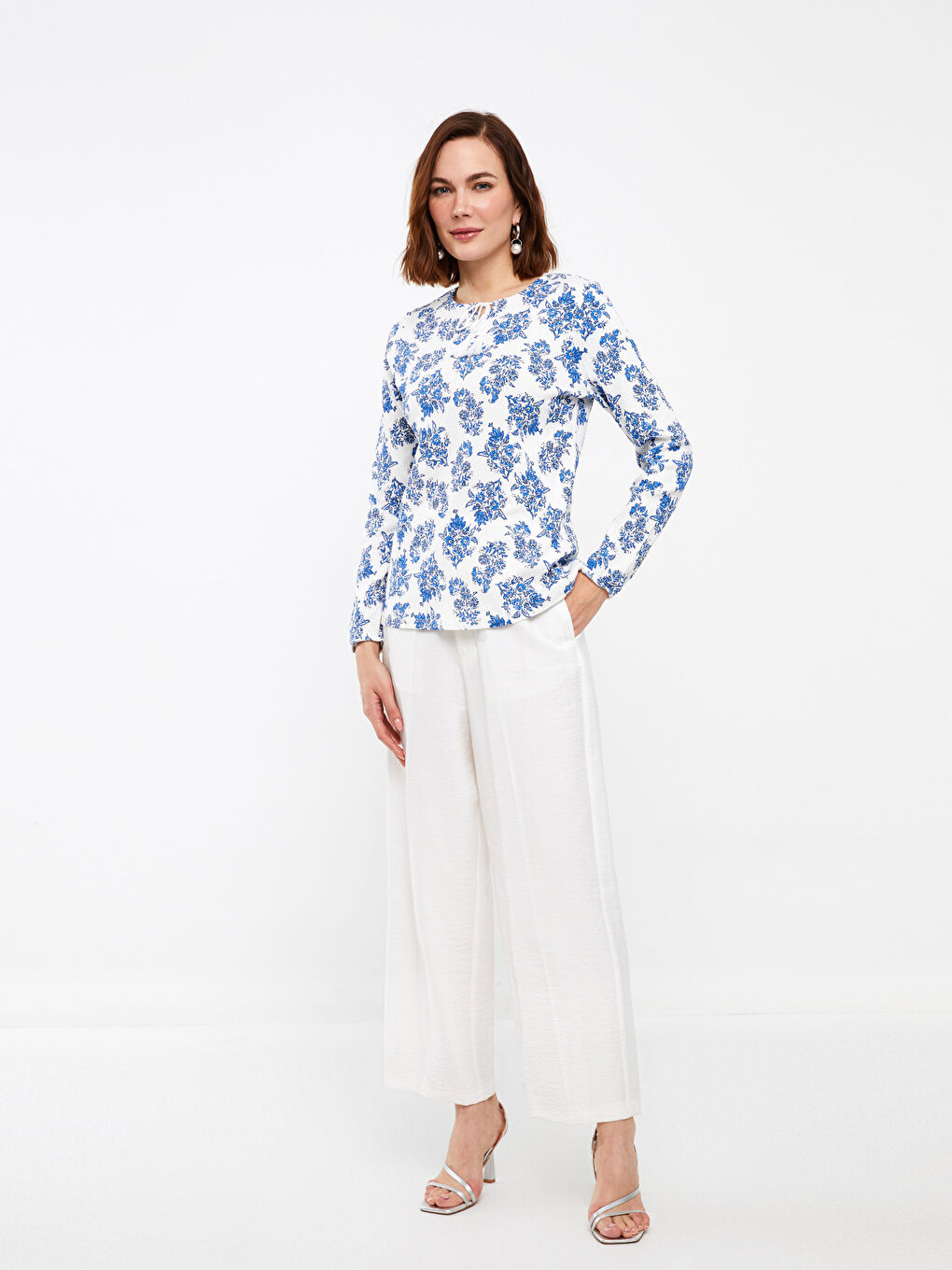 Tie Neck Patterned Long Sleeve Women's Blouse-1