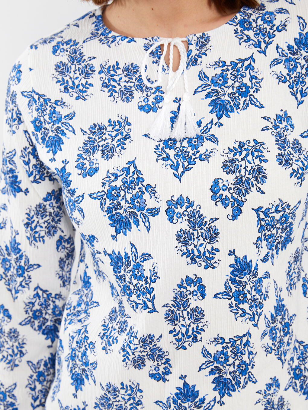 Tie Neck Patterned Long Sleeve Women's Blouse-3