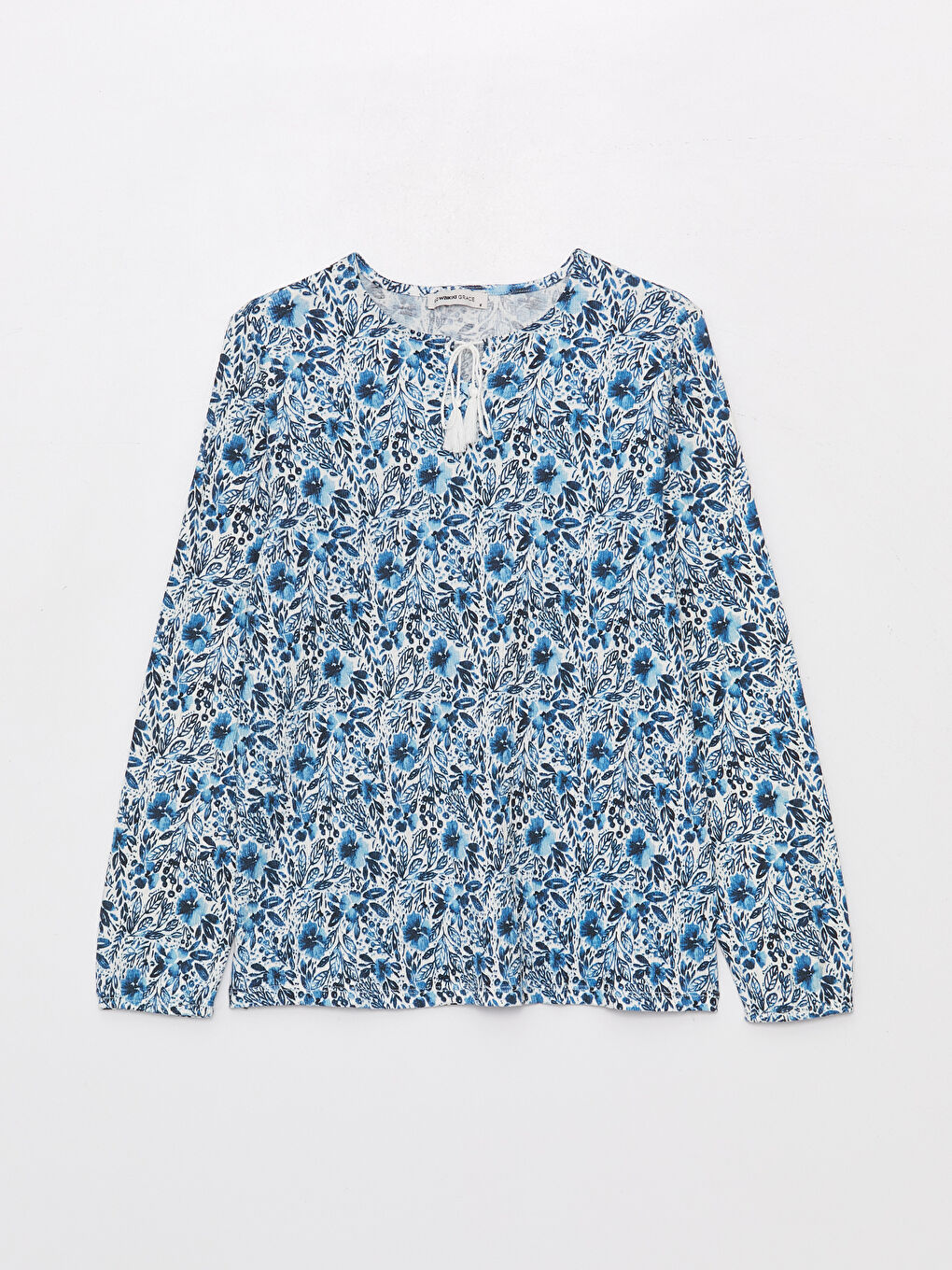 Ekru Bağlamalı Yaka Desenli Uzun Kollu Kadın Bluz-5