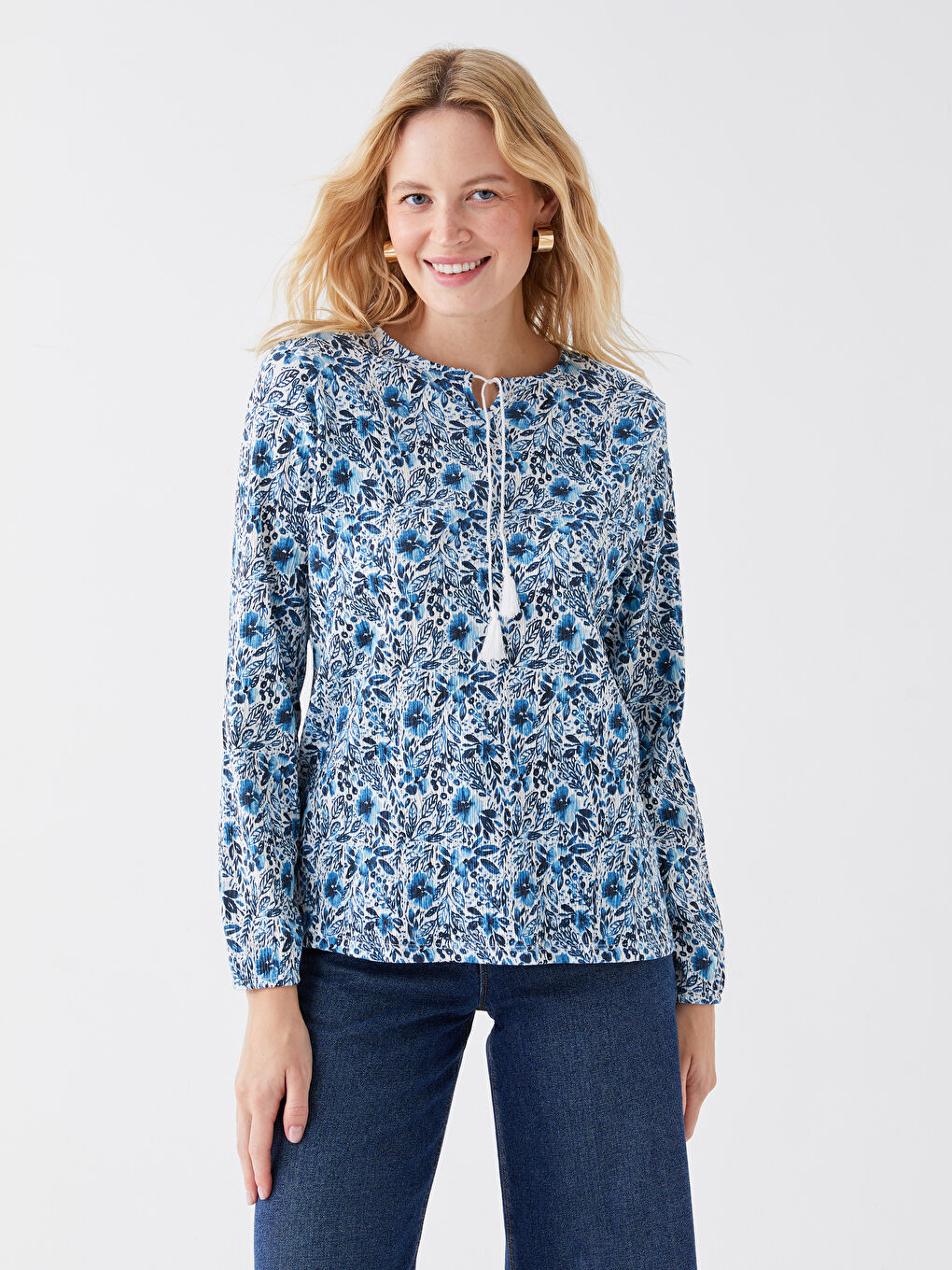 Ekru Bağlamalı Yaka Desenli Uzun Kollu Kadın Bluz