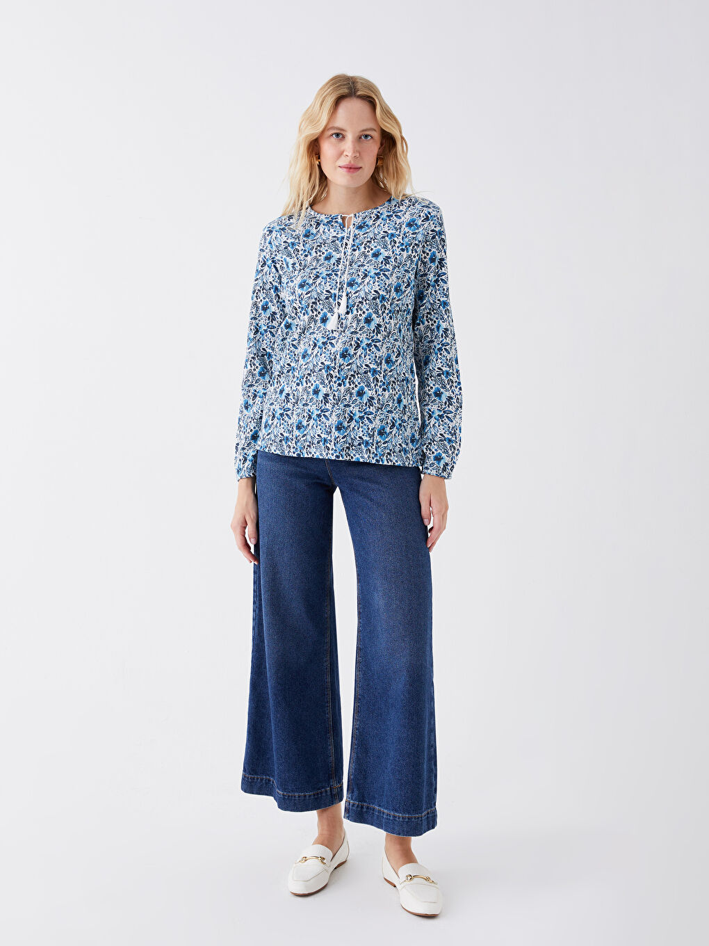 Ekru Bağlamalı Yaka Desenli Uzun Kollu Kadın Bluz-2