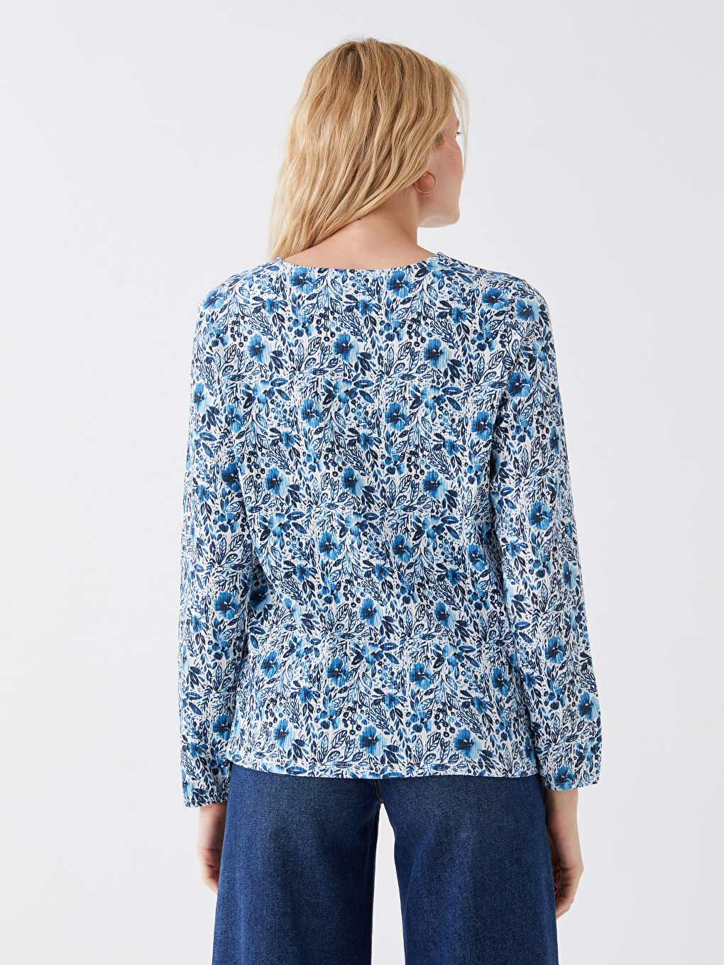 Ekru Bağlamalı Yaka Desenli Uzun Kollu Kadın Bluz-4