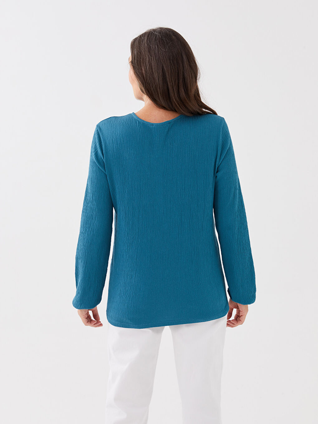 Petrol Bağlamalı Yaka Nakışlı Uzun Kollu Kadın Bluz-4