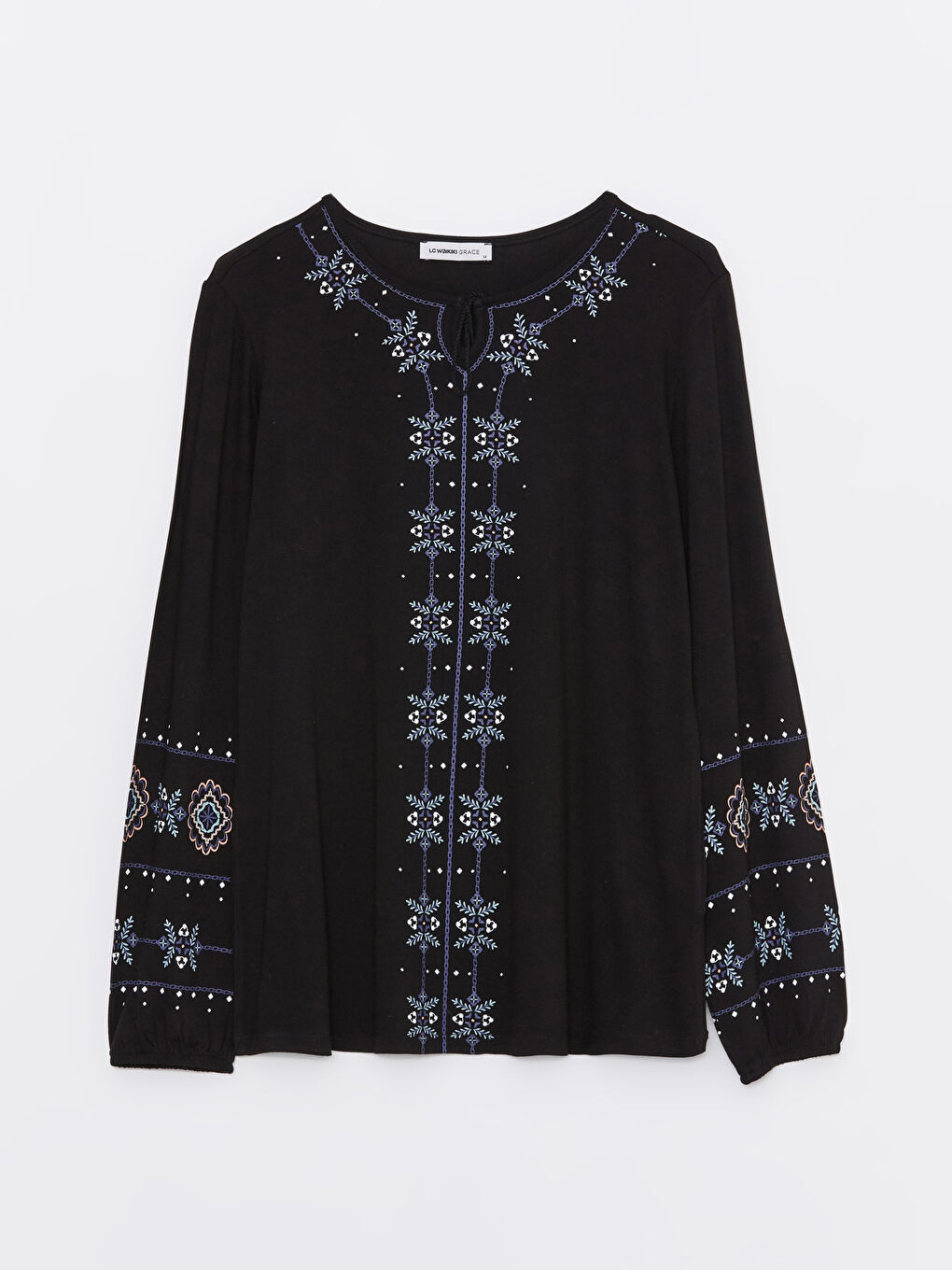 Siyah Bağlamalı Yaka Nakışlı Uzun Kollu Kadın Bluz-5