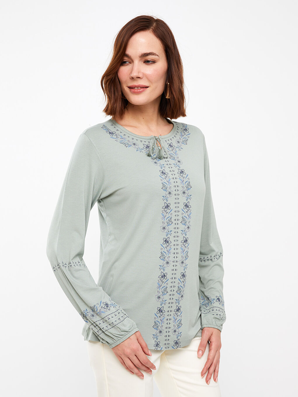 Tie Neck Embroidered Long Sleeve Women's Blouse-1