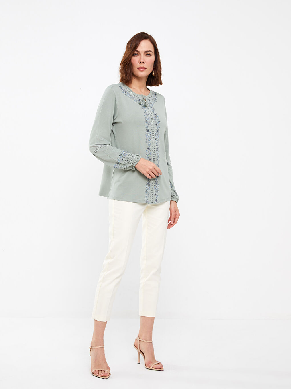 Tie Neck Embroidered Long Sleeve Women's Blouse-2