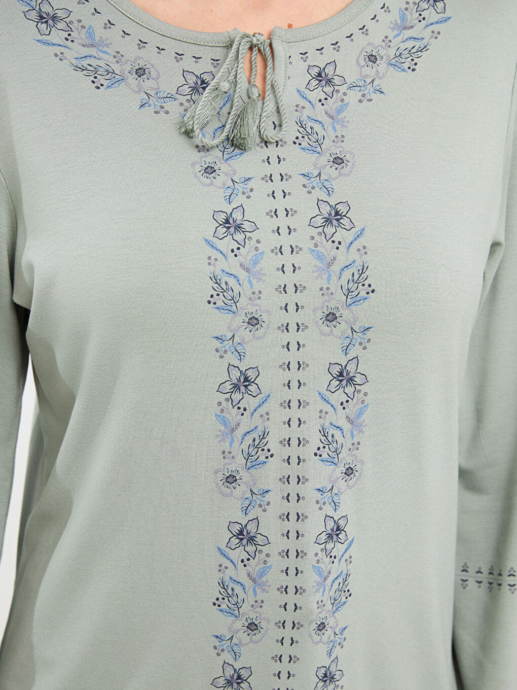 Tie Neck Embroidered Long Sleeve Women's Blouse-3