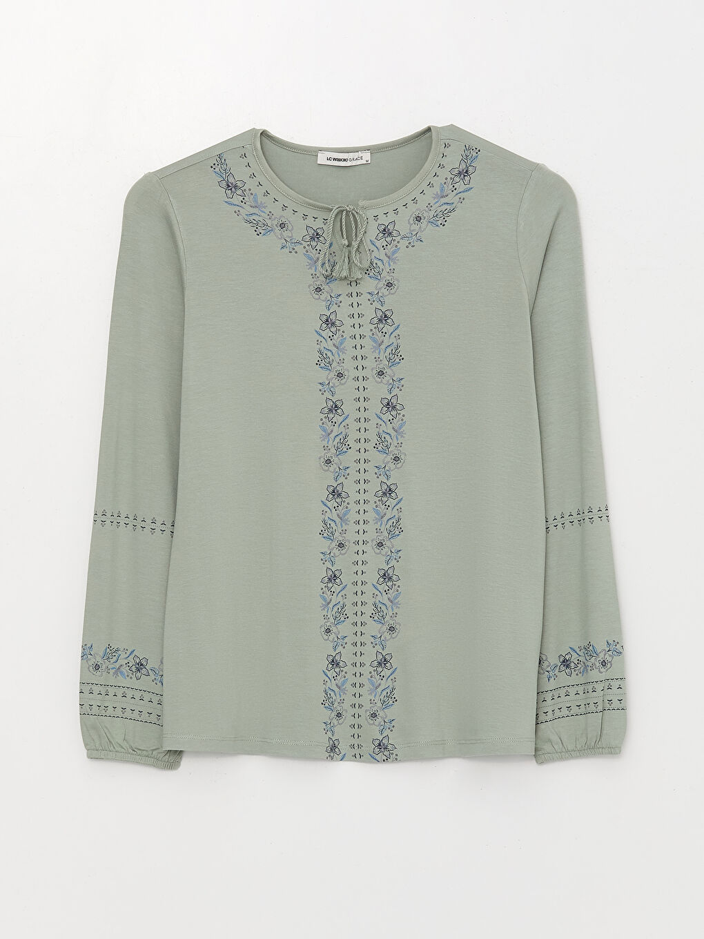 Tie Neck Embroidered Long Sleeve Women's Blouse-5