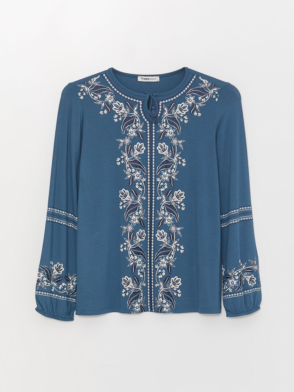 LCW Grace Indigo Bağlamalı Yaka Nakışlı Uzun Kollu Kadın Bluz - 5
