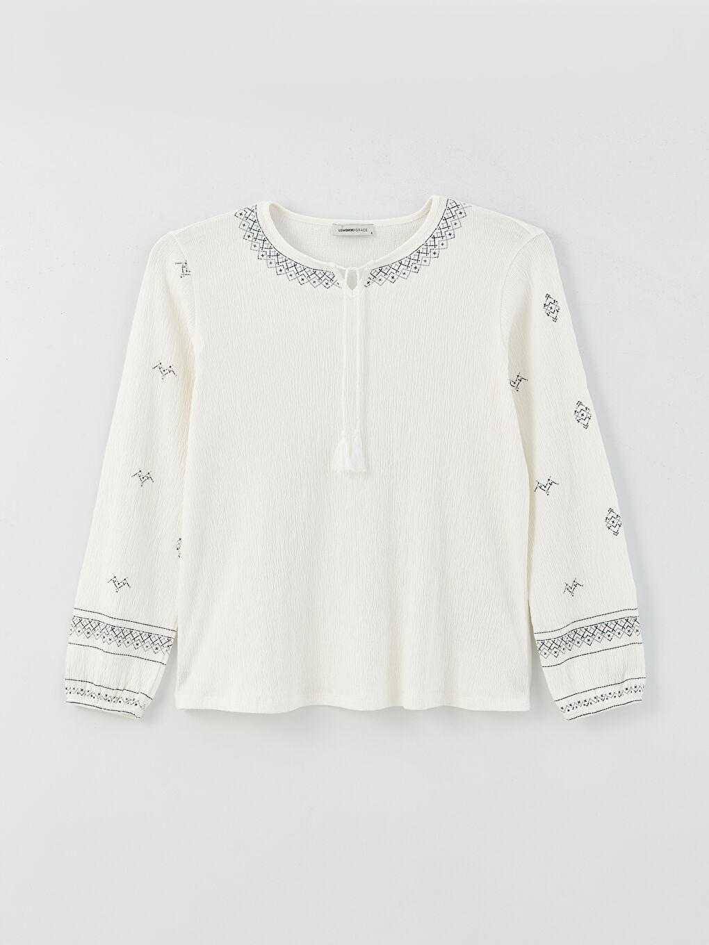 Ekru Bağlamalı Yaka Desenli Uzun Kollu Kadın Bluz-5