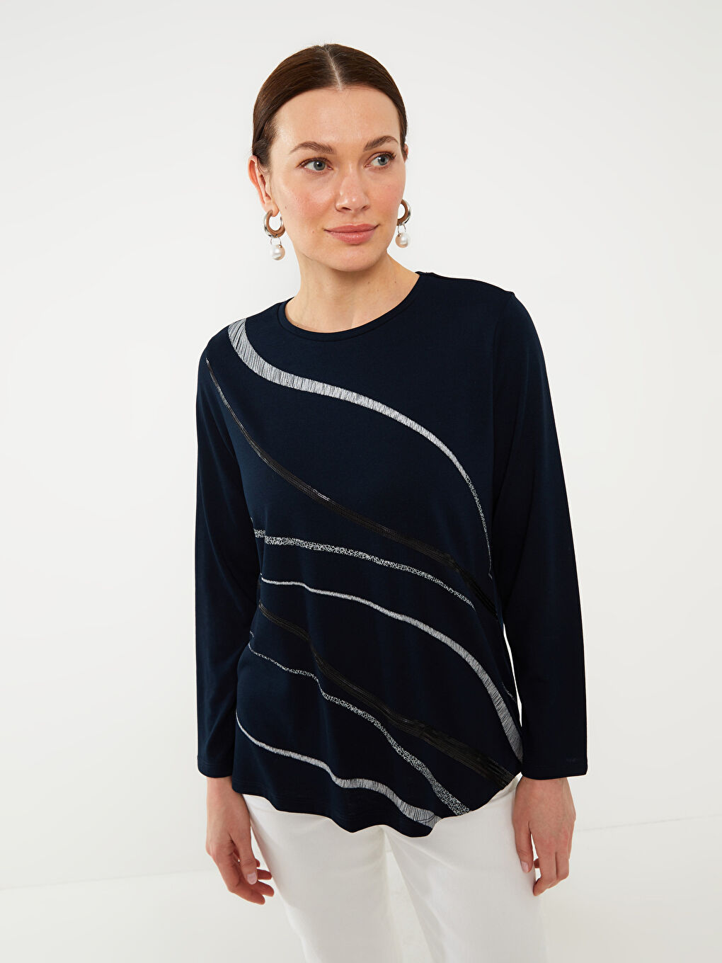 Crew Neck Patterned Long Sleeve Women's Blouse