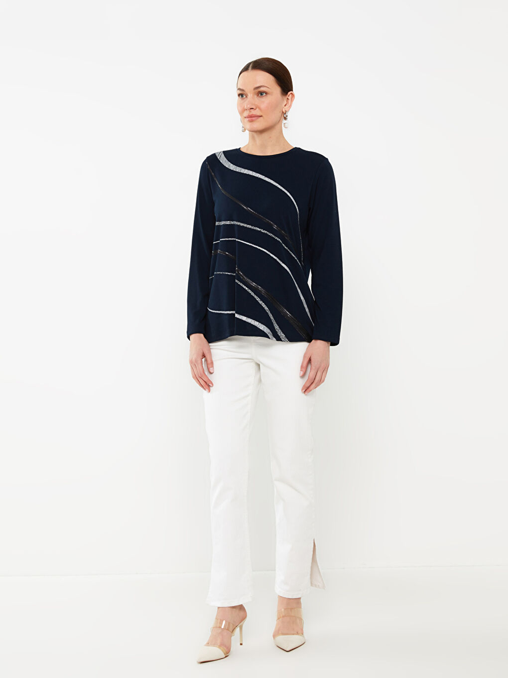 Crew Neck Patterned Long Sleeve Women's Blouse-1