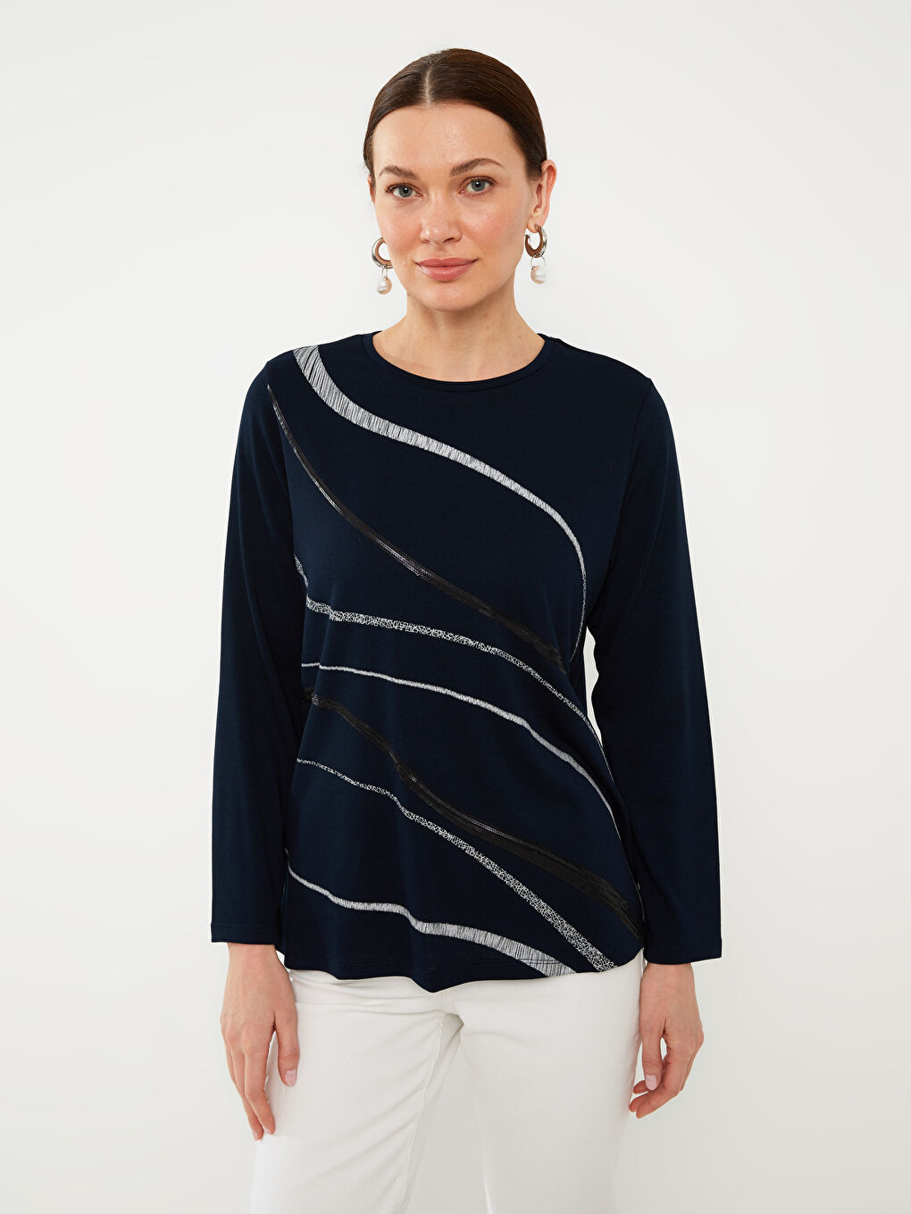 Crew Neck Patterned Long Sleeve Women's Blouse-2