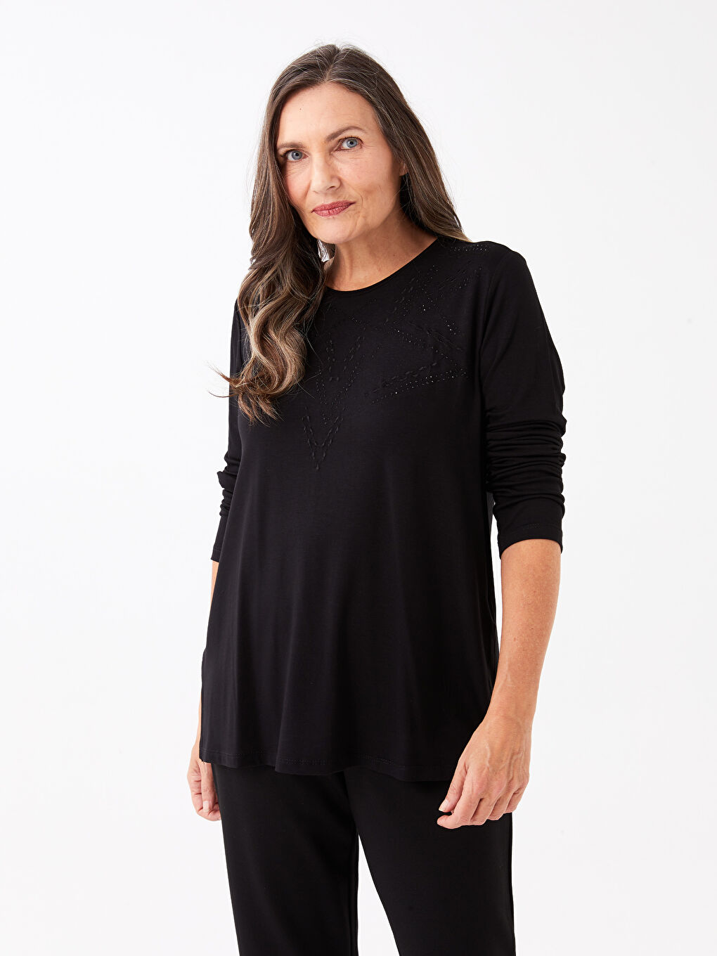 Crew Neck Patterned Long Sleeve Women's Blouse