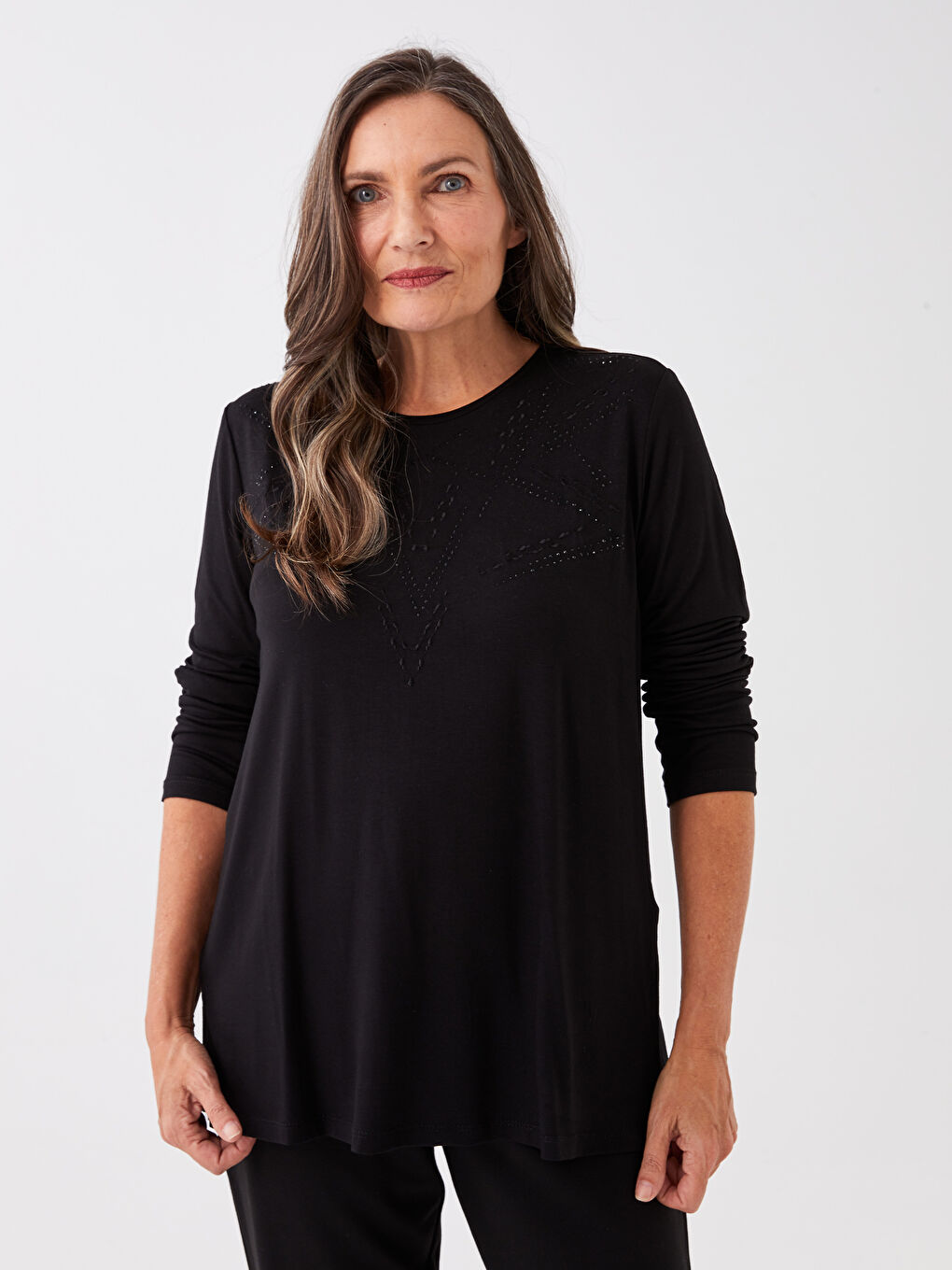 Crew Neck Patterned Long Sleeve Women's Blouse-1