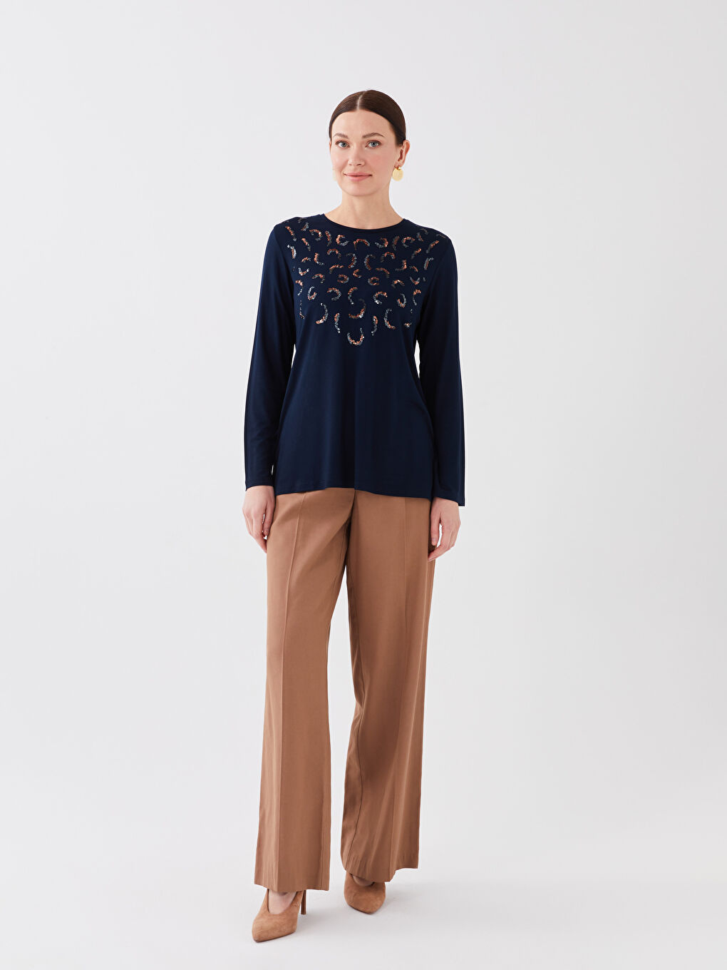 Crew Neck Patterned Long Sleeve Women's Blouse-1