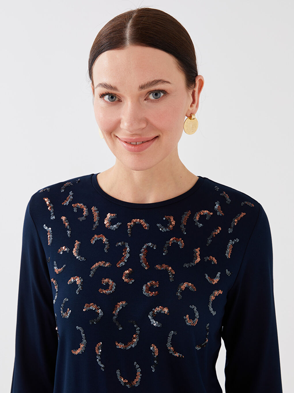 Crew Neck Patterned Long Sleeve Women's Blouse-2