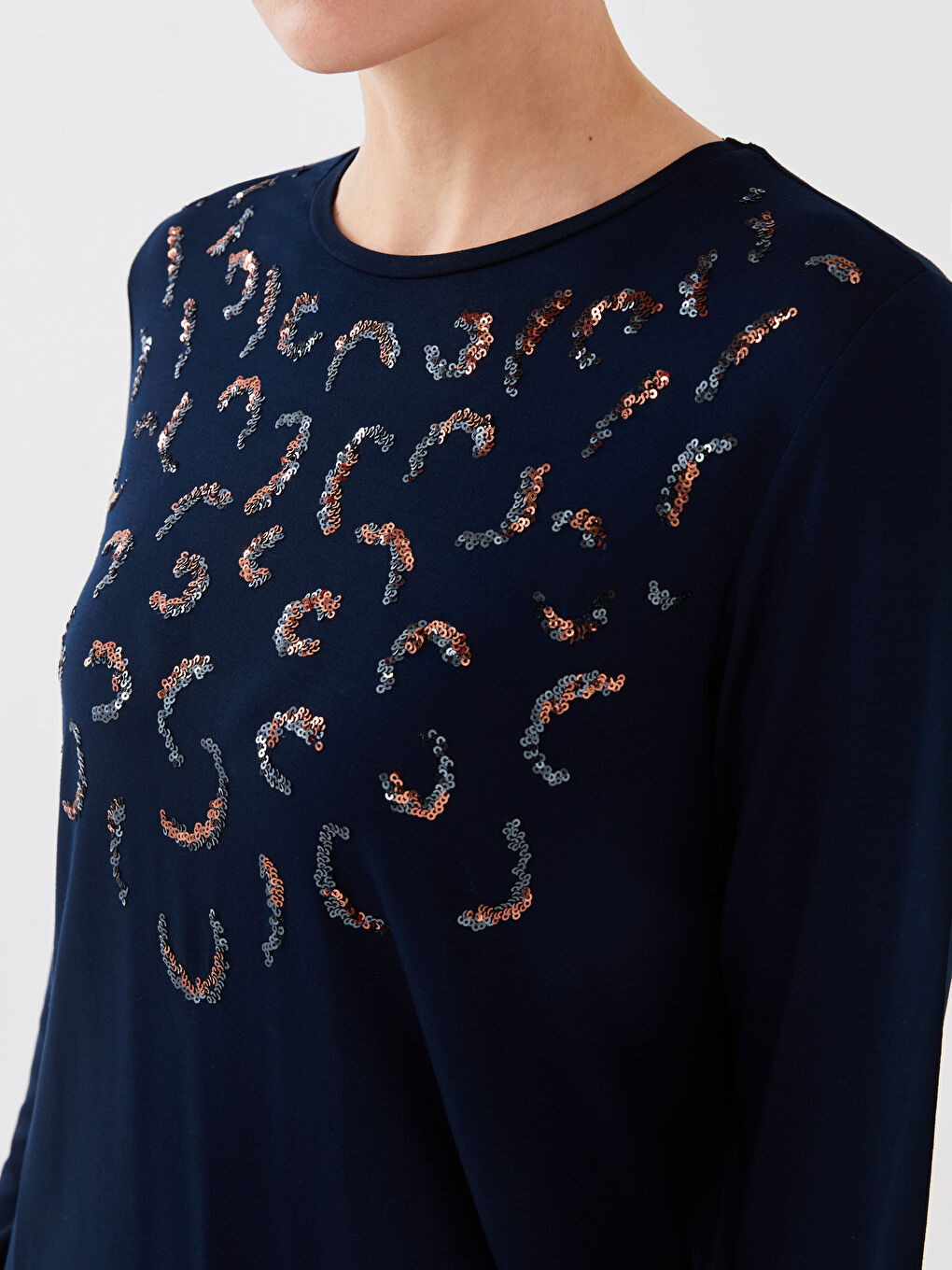 Crew Neck Patterned Long Sleeve Women's Blouse-3