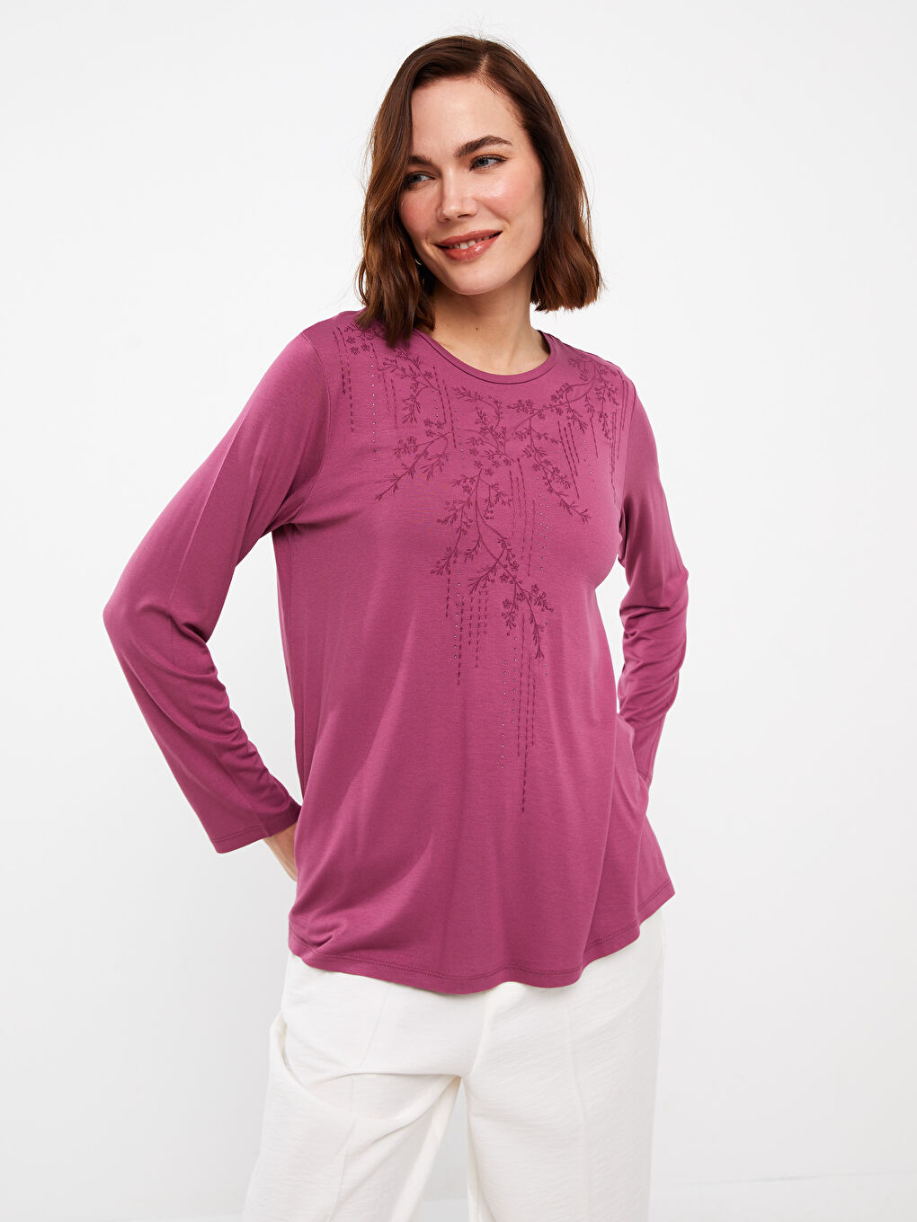 Mürdüm Bisiklet Yaka Desenli Uzun Kollu Kadın Bluz