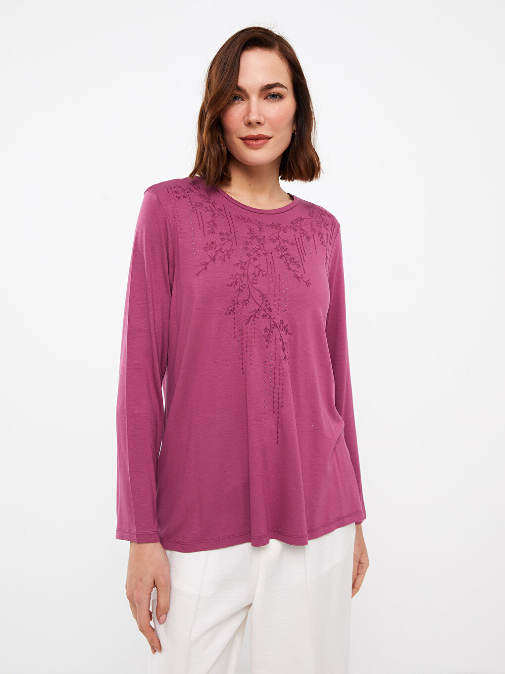 Mürdüm Bisiklet Yaka Desenli Uzun Kollu Kadın Bluz-1