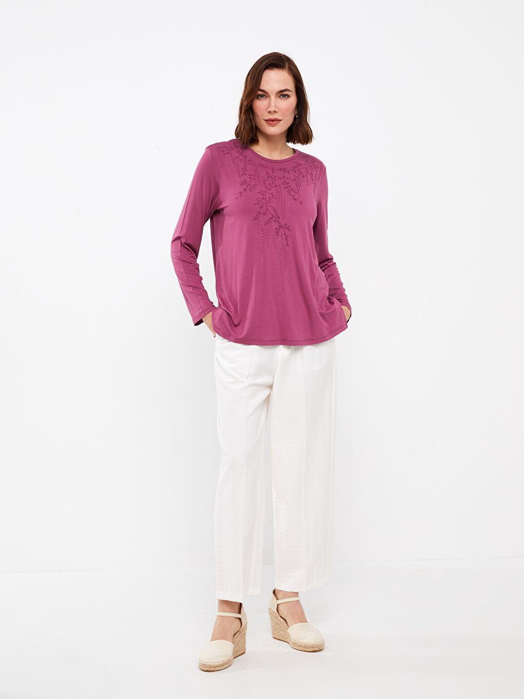 Mürdüm Bisiklet Yaka Desenli Uzun Kollu Kadın Bluz-2