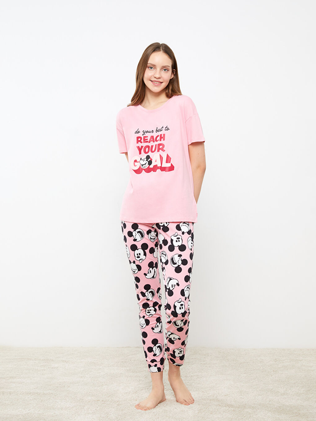 Set de pijama pentru Femei cu Guler rotund și Imprimat Mickey Mouse-4