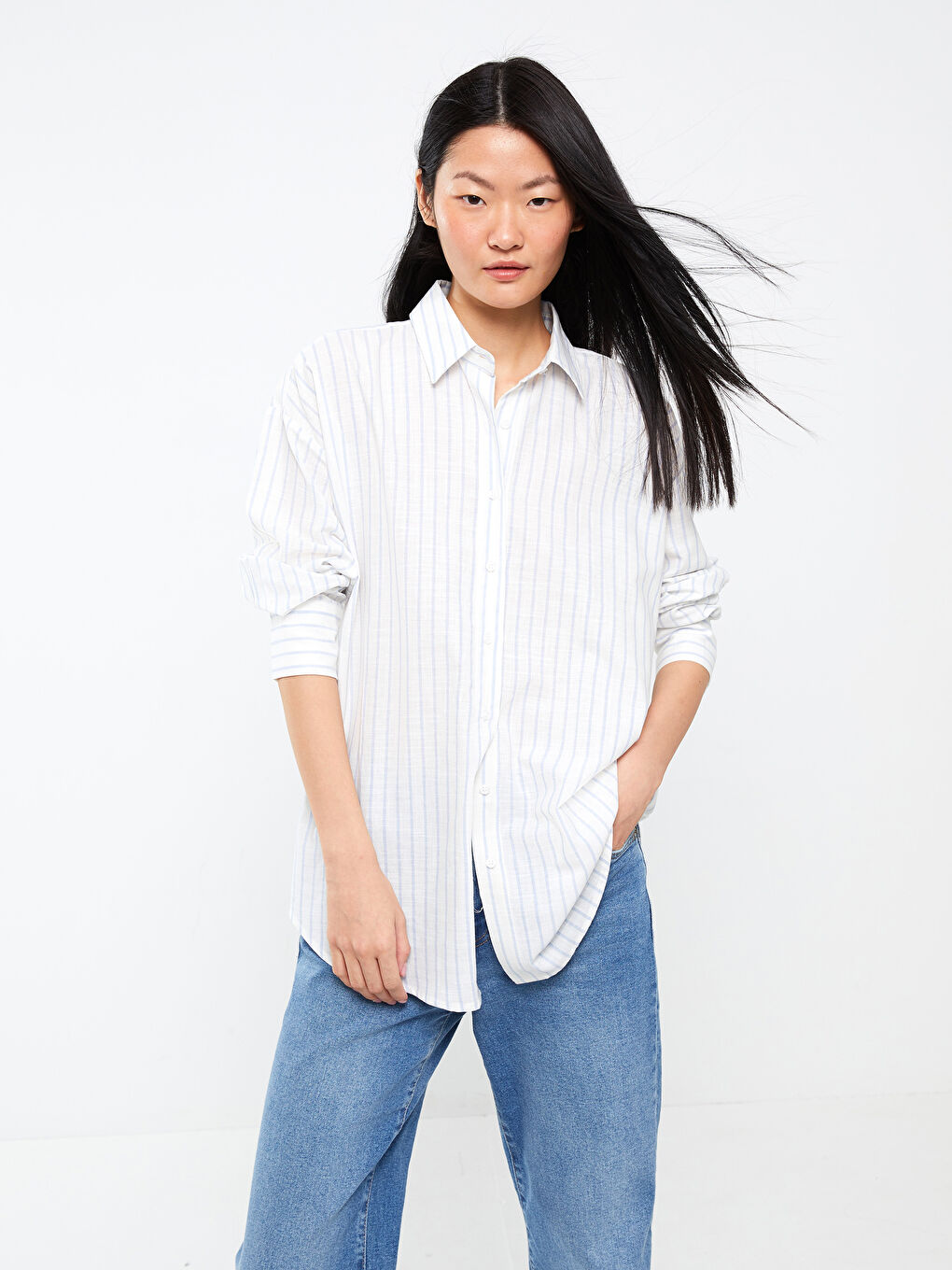 Полосатая рубашка с длинным рукавом оверсайз для женщин-1