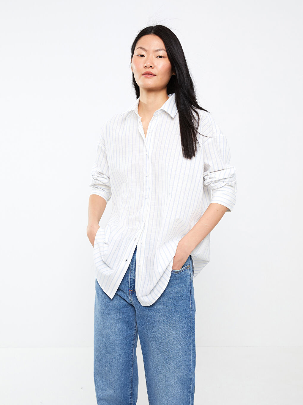 Полосатая рубашка с длинным рукавом оверсайз для женщин-2