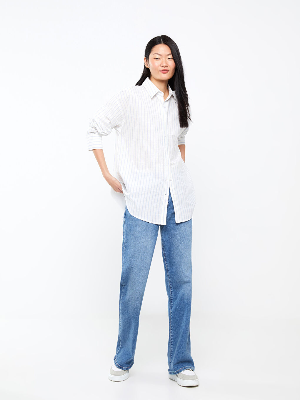 Полосатая рубашка с длинным рукавом оверсайз для женщин-5