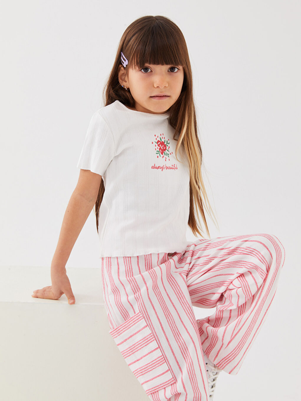 T-shirt à Manches Courtes Imprimé Col Rond pour Filles et Pantalon