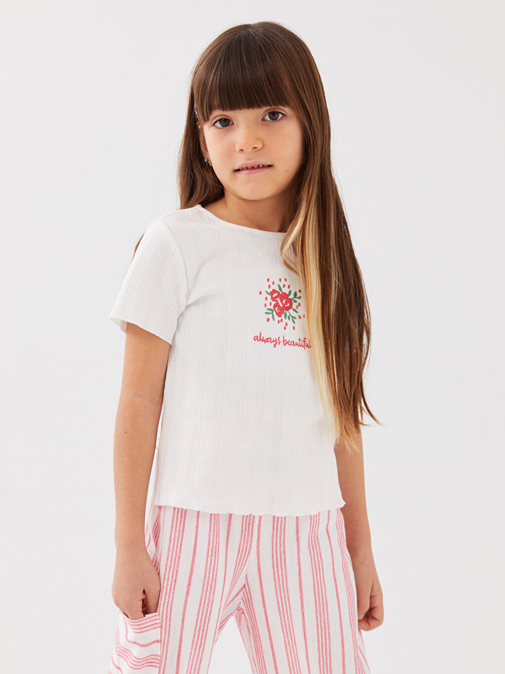 T-shirt à Manches Courtes Imprimé Col Rond pour Filles et Pantalon-1